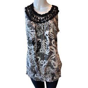 Sioni Womens Tunic Blouse Top Crochet Lace Neck Sleeveless Floral Black White M